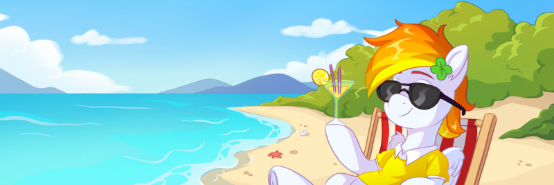 Size: 3000x1000 | Tagged: safe, alternate version, artist:skysorbett, derpibooru import, oc, oc:firepit home, unofficial characters only, pegasus, pony, starfish, beach, beach chair, chair, clothes, cloud, colored eyebrows, commission, drinking straw, ear piercing, earring, food, glass, hill, image, jewelry, lemon, lying down, ocean, on back, pegasus oc, piercing, plant, png, sand, shell, solo, sunglasses, water, wings
