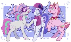 Size: 2345x1411 | Tagged: safe, artist:beyhr, derpibooru import, winter wish, earth pony, pony, g3, antlers, bell, bell collar, chest fluff, chilly breezes, clothes, collar, eyes closed, female, goggles, hat, image, jingle bells, mare, open mouth, open smile, pine tree, png, rearing, reindeer antlers, scarf, simple background, smiling, snow, tree, trio, velvet bow, white background