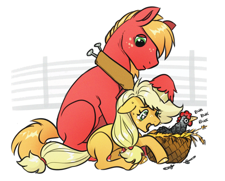 Size: 1800x1447 | Tagged: safe, artist:opalacorn, derpibooru import, applejack, big macintosh, bird, chicken, earth pony, pony, blank flank, brother and sister, colt, colt big macintosh, duo, duo male and female, female, filly, filly applejack, floppy ears, foal, hoof on head, image, jpeg, male, nest, siblings, simple background, teary eyes, white background, younger