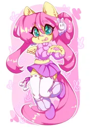 Size: 1240x1754 | Tagged: safe, artist:tolsticot, derpibooru import, fluttershy, anthro, pegasus, plantigrade anthro, pony, bandaid, bandaid on nose, belly button, clothes, cute, eye clipping through hair, eyebrows, eyebrows visible through hair, female, heart, heart eyes, heart hands, image, jpeg, mare, midriff, shyabetes, skirt, socks, solo, stockings, thigh highs, wingding eyes