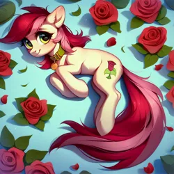 Size: 4096x4096 | Tagged: safe, ai content, derpibooru import, machine learning generated, prompter:doom9454, stable diffusion, roseluck, pony, collar, cute, flower, generator:purplesmart.ai, image, jpeg, long tail, lying down, pet tag, pony pet, rose, rosepet, tail