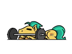 Size: 1800x1350 | Tagged: safe, artist:flutterluv, derpibooru import, hitch trailblazer, earth pony, pony, g5, barbell, eyes closed, image, jpeg, lying down, ponified animal photo, prone, simple background, solo, weights, white background