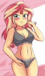 Size: 1687x2854 | Tagged: suggestive, artist:sumin6301, derpibooru import, sunset shimmer, human, equestria girls, 2d, belly, belly button, blushing, breasts, busty sunset shimmer, cleavage, clothes, female, g4, hips, image, jpeg, legs, midriff, sleeveless, sports bra, sports panties, squint, thigh gap, thighs