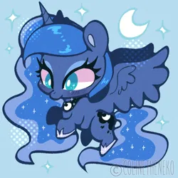 Size: 600x600 | Tagged: safe, artist:colinetheneko, derpibooru import, princess luna, alicorn, pony, chibi, crescent moon, cute, female, flying, image, lunabetes, mare, moon, png, solo, spread wings, wings