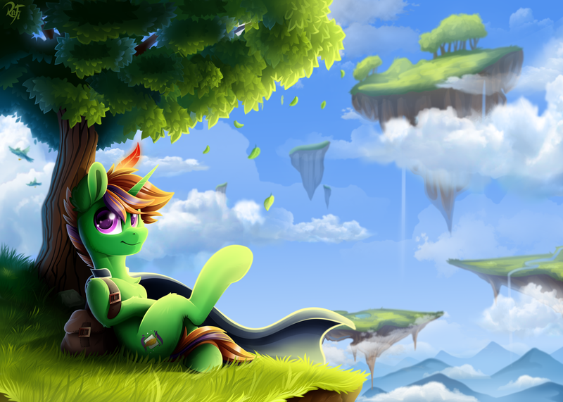 Size: 3500x2500 | Tagged: safe, artist:rainbowfire, derpibooru import, oc, unofficial characters only, pony, unicorn, bag, cloud, cute, floating islands, food, horn, image, island, jewelry, journey, leaves, looking at you, male, mountain, orange, png, purple eyes, raincoat, raised hoof, sky, smiling, solo, stallion, stylus, tree