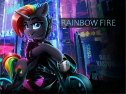 Size: 4000x3000 | Tagged: safe, artist:rainbowfire, derpibooru import, oc, oc:rainbowfire, unofficial characters only, pony, unicorn, amputee, biker, blue eyes, city, cityscape, clothes, cute, cyberpunk, female, horn, image, jacket, jewelry, knife, lantern, leather, leather jacket, looking at you, motorbike, motorcycle, multicolored hair, night, png, prosthetic leg, prosthetic limb, prosthetics, rainbow, rainbow hair, raised hoof, smiling, solo