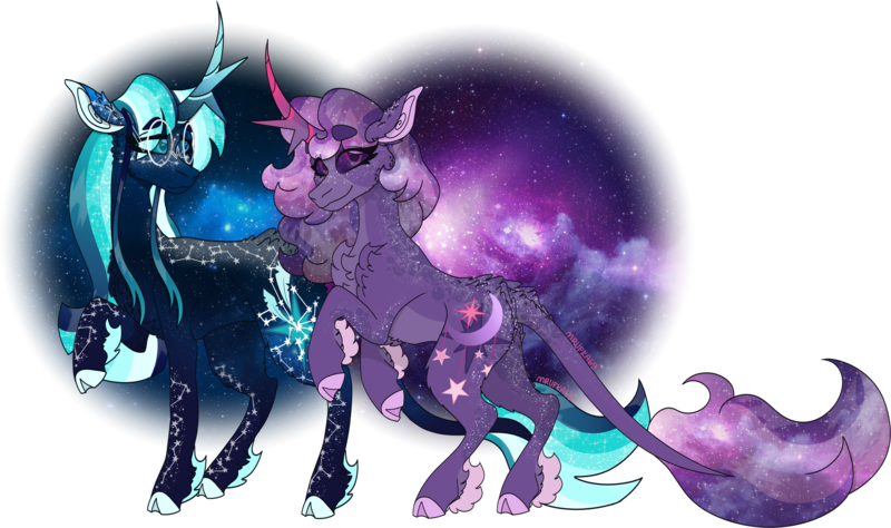 Size: 6677x3954 | Tagged: safe, artist:mrufka69, derpibooru import, oc, oc:gemini constellation, oc:gemini nebula, unofficial characters only, pony, absurd resolution, augmented horn, cloven hooves, female, horn, image, mare, png, siblings, simple background, sisters, transparent background
