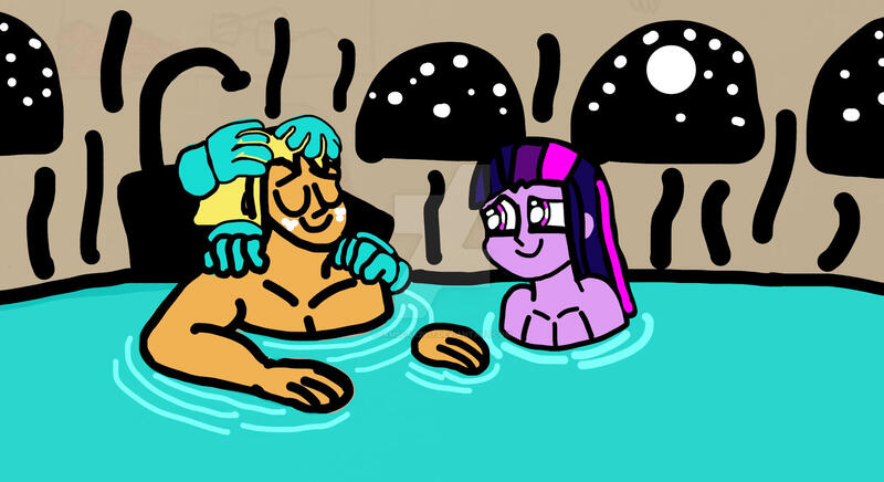 Size: 1920x1047 | Tagged: safe, artist:iamscar2017, derpibooru import, applejack, twilight sparkle, twilight sparkle (alicorn), alicorn, human, equestria girls, duo, eyes closed, female, freckles, hand, hot tub, humanized, image, jpeg, moon, relaxing, smiling