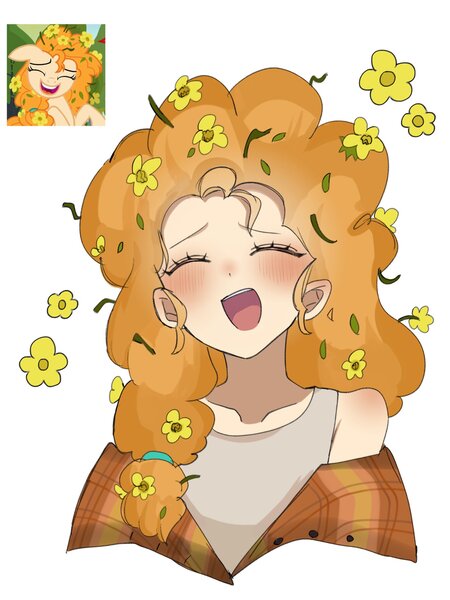 Size: 1536x2048 | Tagged: safe, artist:cerise, derpibooru import, screencap, pear butter, earth pony, human, pony, the perfect pear, blushing, clothes, cute, eyes closed, female, flower, flower in hair, humanized, image, jpeg, mare, pearabetes, plaid shirt, reference used, scene interpretation, shirt, simple background, tanktop, white background