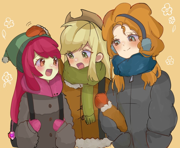 Size: 2048x1689 | Tagged: safe, artist:cerise, derpibooru import, apple bloom, applejack, pear butter, human, equestria girls, adorabloom, backpack, beanie, blushing, clothes, cute, earmuffs, female, gloves, hat, image, jackabetes, jpeg, mother and child, mother and daughter, orange background, pearabetes, scarf, simple background, winter outfit