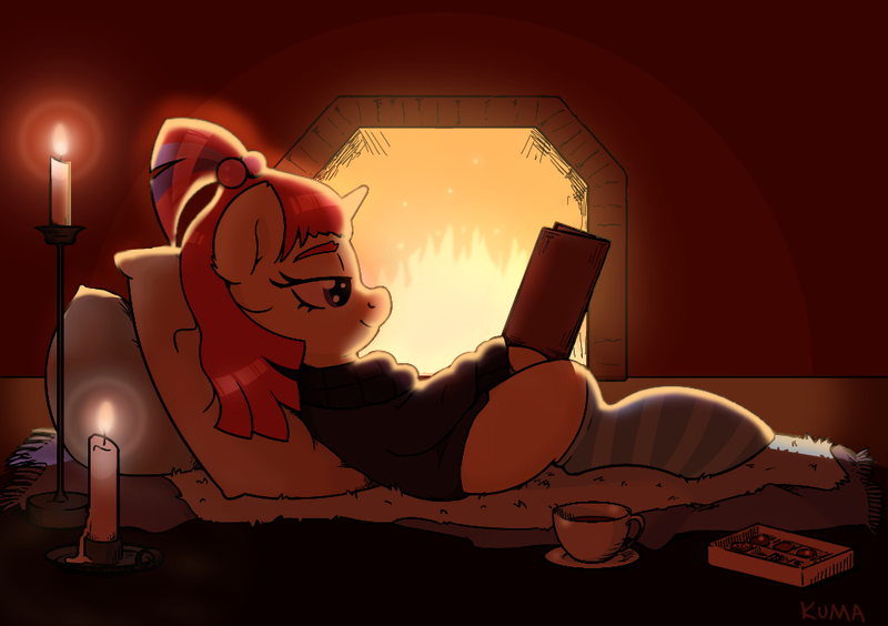 Size: 1000x705 | Tagged: safe, artist:kumakum, derpibooru import, moondancer, pony, unicorn, candle, clothes, comfy, cute, fireplace, food, image, kneesocks, png, reading, socks, sweater, tea, wholesome