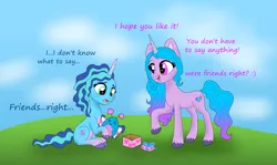 Size: 1893x1127 | Tagged: safe, artist:bluestar386, derpibooru import, izzy moonbow, butterfly, insect, pony, unicorn, g5, dialogue, duo, female, guilty, image, mare, misty brightdawn, plushie, png, present