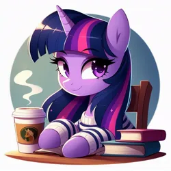 Size: 1024x1024 | Tagged: prompter needed, safe, ai content, derpibooru import, machine learning generated, twilight sparkle, pony, chair, clothes, coffee, coffee cup, cup, cute, desk, eyebrows, eyebrows visible through hair, female, g4, generator:dall-e 3, hooves on the table, image, jpeg, looking sideways, mare, smiling, solo, twiabetes