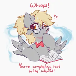 Size: 2300x2300 | Tagged: safe, artist:mirtash, derpibooru import, derpy hooves, pegasus, pony, book, bowtie, cheek fluff, chest fluff, cute, derpabetes, ear fluff, female, g4, glasses, high res, image, looking at you, mare, png, question mark, redraw, solo, sparkles, spread wings, text, wings