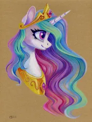 Size: 984x1300 | Tagged: safe, artist:maytee, derpibooru import, princess celestia, alicorn, pony, bust, colored pencil drawing, image, png, portrait, profile, smiling, solo, toned paper, traditional art