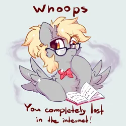 Size: 2300x2300 | Tagged: safe, artist:mirtash, derpibooru import, derpy hooves, pegasus, pony, 404, book, bowtie, cheek fluff, chest fluff, cute, derpabetes, dialogue, ear fluff, female, fluffy, frown, g4, glasses, gray background, high res, i just don't know what went wrong, image, looking at you, mare, png, question mark, raised eyebrow, simple background, solo, sparkles, spread wings, text, thinking, wings