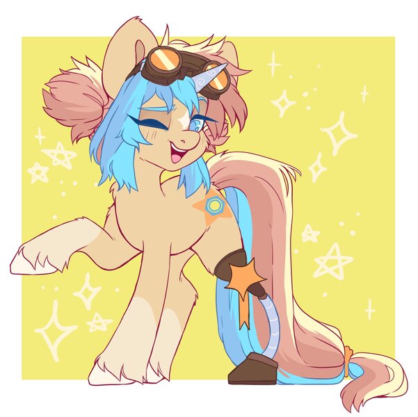 Size: 2780x2776 | Tagged: safe, artist:cheekipone, ponerpics import, oc, oc:star screw, unofficial characters only, pony, unicorn, amputee, female, goggles, goggles on head, hair tie, horn, image, jpeg, mare, one eye closed, open smile, prosthetic leg, prosthetic limb, prosthetics, raised hoof, ribbon, simple background, solo, standing, stars, teeth, turned head, unicorn oc, unshorn fetlocks, wink