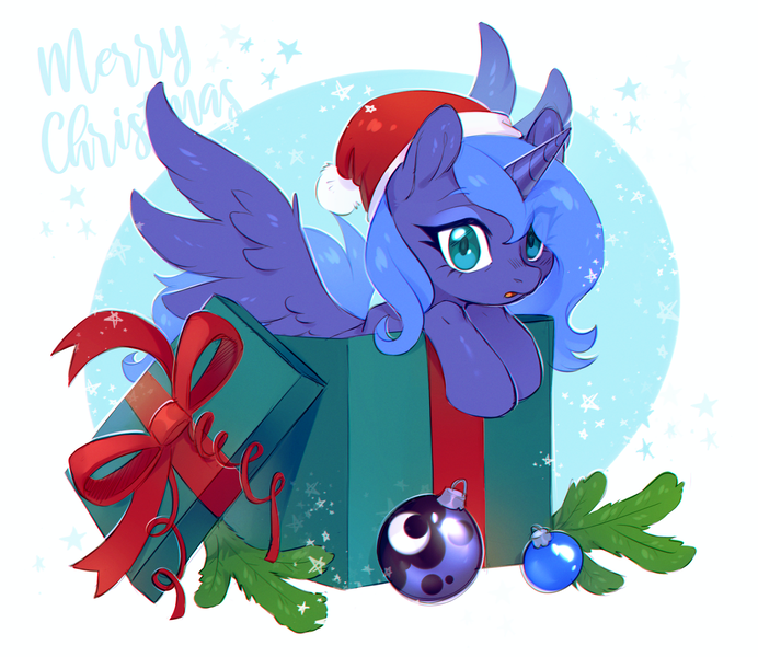 Size: 2001x1734 | Tagged: safe, artist:ls_skylight, derpibooru import, princess luna, alicorn, pony, box, christmas, christmas ornament, commission, decoration, female, hat, holiday, horn, image, mare, png, pony in a box, present, s1 luna, santa hat, solo, spread wings, wings, ych result
