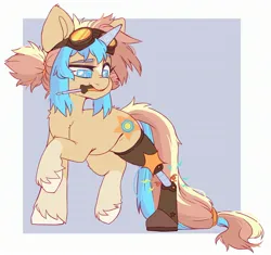 Size: 2781x2616 | Tagged: safe, artist:cheekipone, ponerpics import, oc, oc:star screw, unofficial characters only, pony, unicorn, amputee, damaged, electricity, female, goggles, goggles on head, hair tie, horn, image, jpeg, mare, mouth hold, prosthetic leg, prosthetic limb, prosthetics, raised hoof, raised leg, screw, scrunchy face, simple background, solo, standing, unicorn oc, unshorn fetlocks, wires