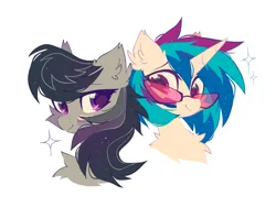 Size: 1191x898 | Tagged: safe, alternate version, artist:mirtash, derpibooru import, octavia melody, vinyl scratch, earth pony, pony, unicorn, bisexual pride flag, bust, chest fluff, cute, demisexual pride flag, duo, ear fluff, eyebrows, face paint, female, fluffy, g4, glasses, horn, image, lesbian, mare, png, portrait, pride, pride flag, pride month, scratchtavia, shipping, simple background, smiling, sparkles, tavibetes, vinyl's glasses, vinylbetes, white background