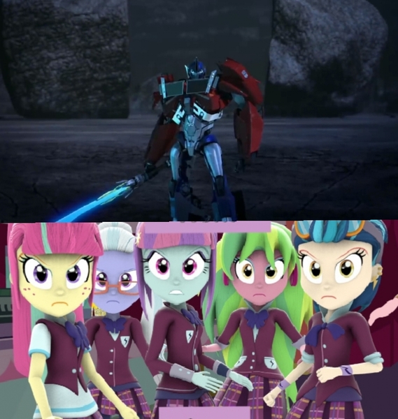 Size: 720x759 | Tagged: safe, artist:ontheedgeht, derpibooru import, indigo zap, lemon zest, sour sweet, sugarcoat, sunny flare, human, equestria girls, 3d, autobot, crossover, female, good vs evil, image, jpeg, male, optimus prime, shadowbolts, source filmmaker, source filmmaker resource, transformers, transformers prime