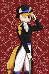 Size: 1240x1854 | Tagged: safe, artist:cookieart2k22, artist:lynthecookie, derpibooru import, oc, oc:regal inkwell, unofficial characters only, anthro, unicorn, :p, cane, clothes, gloves, hat, image, nobility, one eye closed, png, solo, suit, tongue out, top hat, wink