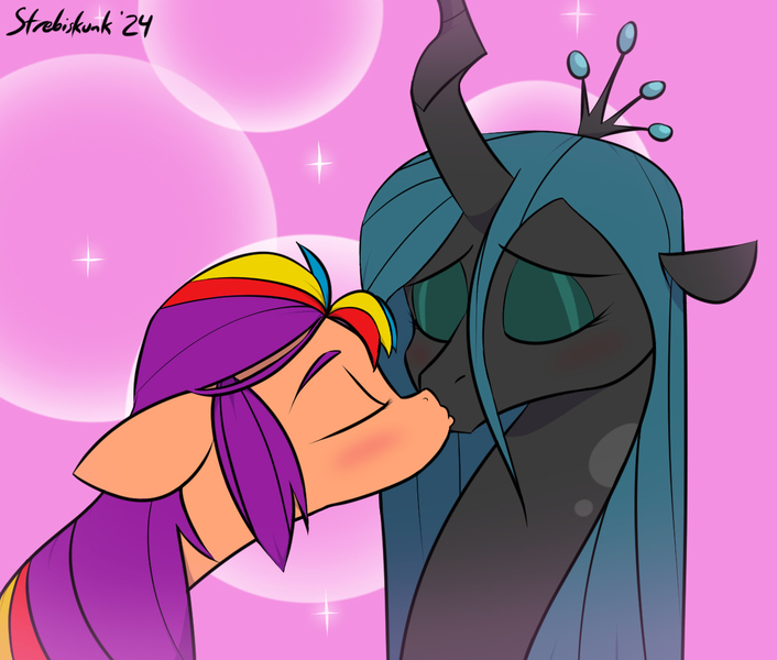 Size: 1258x1069 | Tagged: safe, artist:strebiskunk, derpibooru import, queen chrysalis, sunny starscout, changeling, changeling queen, earth pony, pony, g5, blushing, crack shipping, crown, duo, eyes closed, eyeshadow, female, g4, image, jewelry, jpeg, kissing, lesbian, makeup, regalia, ship:chrysiscout, shipping