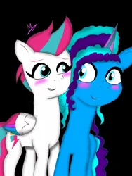 Size: 960x1280 | Tagged: safe, artist:madelmena, derpibooru import, zipp storm, pegasus, pony, unicorn, g5, black background, blushing, female, image, jpeg, lesbian, looking at each other, looking at someone, mare, misty brightdawn, nuzzling, ship:dawnstorm, shipping, simple background