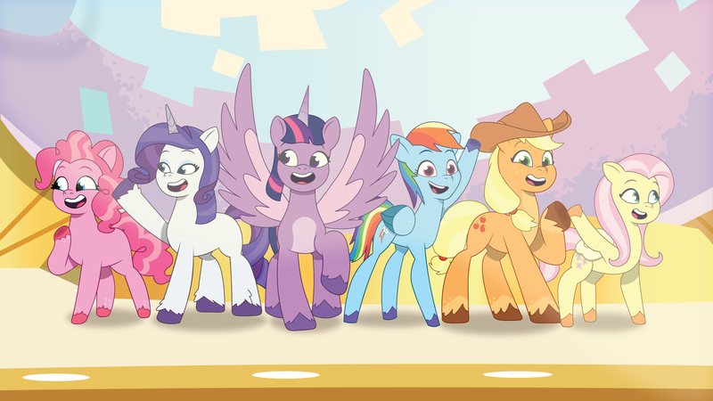 Size: 2400x1350 | Tagged: safe, artist:prixy05, derpibooru import, applejack, fluttershy, pinkie pie, rainbow dash, rarity, twilight sparkle, twilight sparkle (alicorn), alicorn, earth pony, pegasus, pony, unicorn, g5, my little pony: tell your tale, spoiler:g5, spoiler:my little pony: tell your tale, spoiler:tyts01e59, character swap, female, g4, g4 to g5, generation leap, i can't believe it's not hasbro studios, image, mane six, mare, moon festival, png, scene interpretation