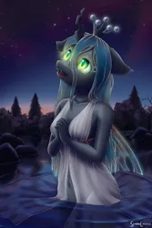 Size: 1280x1920 | Tagged: safe, artist:symbianl, derpibooru import, queen chrysalis, anthro, changeling, changeling queen, belly button, clothes, dress, female, horn, image, jpeg, praying, solo, water, wings