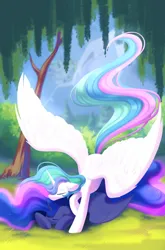 Size: 1268x1920 | Tagged: safe, artist:kebchach, derpibooru import, princess celestia, princess luna, alicorn, pony, colored eyebrows, duo, duo female, eyebrows, eyes closed, female, g4, grass, horn, image, jpeg, lying down, mare, outdoors, prone, royal sisters, siblings, sisters, sleeping, spread wings, tree, wings