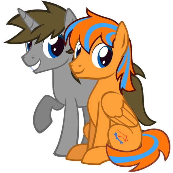 Size: 1501x1501 | Tagged: safe, artist:the smiling pony, derpibooru import, oc, oc:cold front, oc:disty dusk, unofficial characters only, pegasus, pony, unicorn, derpibooru community collaboration, .svg available, 2024 community collab, blue eyes, brown mane, brown tail, duo, duo male, feathered wings, folded wings, g4, horn, image, looking at you, lying down, male, pegasus oc, png, show accurate, simple background, sitting, smiling, smiling at you, stallion, tail, transparent background, two toned mane, two toned tail, unicorn oc, vector, wings