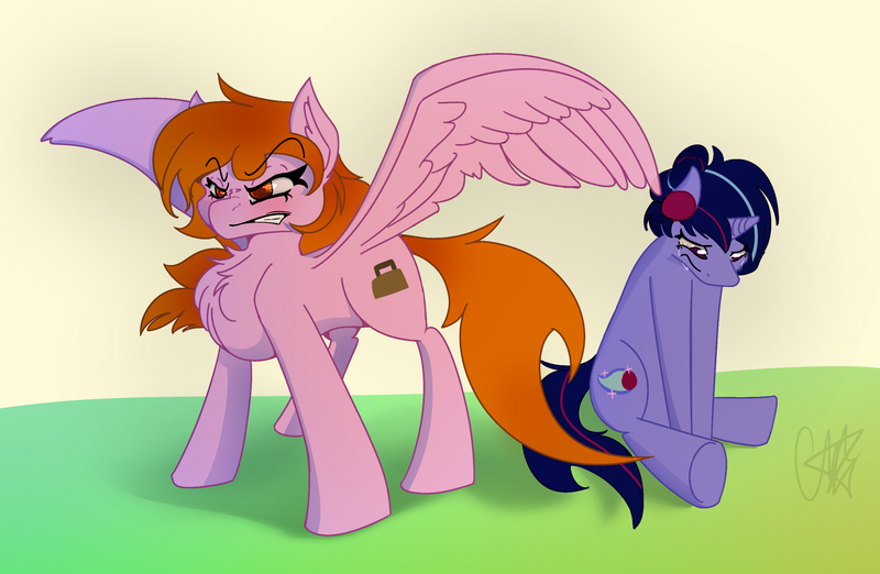 Size: 2283x1490 | Tagged: safe, artist:ermecg, derpibooru import, oc, oc:bellatrix, oc:bon voyage, unofficial characters only, pegasus, pony, unicorn, angry, angry face, chest fluff, crying, eyes open, image, looking down, png, simple background, simple shading, spread wings, wings