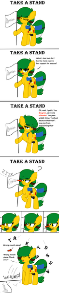 Size: 1400x6900 | Tagged: safe, artist:jerkface, ponerpics import, oc, oc:blocky bits, comic, fangs, flag, image, lego, mouthpiece, personality swap, png, protest