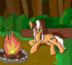 Size: 1722x1566 | Tagged: safe, artist:purppone, derpibooru import, oc, oc:s'mare, pony, bedroom eyes, campfire, female, fire, forest, image, looking at you, lying down, mare, melting, nature, png, side, solo, tree, wingding eyes