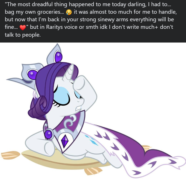 Size: 663x640 | Tagged: safe, artist:kooner-cz, derpibooru import, edit, princess platinum, rarity, unicorn, caption, dramatic, funposting, image, image macro, overly-dramatic, png, rarity being rarity, solo, text