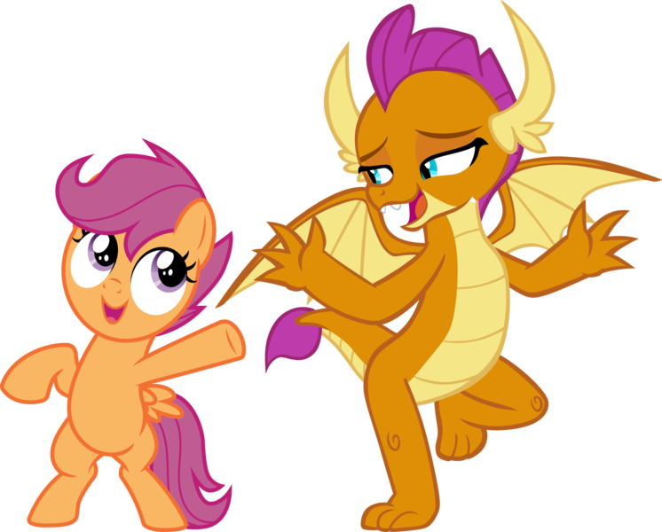 Size: 3098x2492 | Tagged: safe, artist:cloudy glow, artist:memnoch, artist:parclytaxel, derpibooru import, edit, vector edit, scootaloo, smolder, dragon, pegasus, pony, molt down, the washouts (episode), .ai available, belly, bipedal, claws, cropped, cute, cutealoo, dancing, dragoness, dramatic, duo, fangs, female, filly, foal, g4, horns, image, lidded eyes, open mouth, png, raised leg, show accurate, simple background, spread wings, talking, teenaged dragon, teenager, toes, transparent background, vector, wings