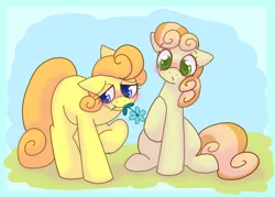 Size: 2800x2000 | Tagged: safe, artist:puppie, derpibooru import, junebug, oc, oc:ctanon, earth pony, blushing, cute, flower, gift giving, image, png, shy, wholesome, wingding eyes