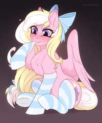 Size: 2480x3000 | Tagged: safe, artist:fenwaru, derpibooru import, oc, oc:bay breeze, unofficial characters only, pegasus, pony, blushing, bow, chest fluff, clothes, cute, female, getting dressed, gradient background, hair bow, image, mare, mouth hold, ocbetes, pegasus oc, png, sitting, socks, sparkly eyes, striped socks, tail, tail bow, underhoof, wingding eyes, wings