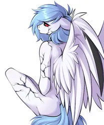 Size: 1695x2046 | Tagged: suggestive, artist:zenexart, derpibooru import, oc, oc:ivy, unofficial characters only, anthro, pegasus, anthro oc, blue hair, blue tail, eyelashes, facing away, feathered wings, female, female oc, floppy ears, image, looking away, nudity, pegasus oc, pegasus wings, png, red sclera, sad, scar, scarred, simple background, sitting, solo, tail, thighs, white background, white coat, wings