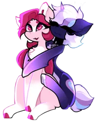 Size: 595x755 | Tagged: safe, artist:minty--fresh, derpibooru import, oc, oc:party favor, oc:shade, unofficial characters only, pegasus, unicorn, derpibooru community collaboration, 2024 community collab, chest fluff, choker, frog (hoof), hug, hug from behind, image, pegasus oc, png, simple background, transparent background, underhoof, wings