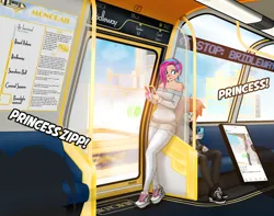 Size: 1728x1360 | Tagged: safe, artist:subway777, derpibooru import, zipp storm, oc, oc:ray muller, human, g5, clothes, cloud, humanized, image, mobile phone, monorail, phone, piercing, png, smartphone, sweater, train, zephyr heights