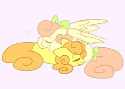 Size: 2800x2000 | Tagged: safe, artist:puppie, derpibooru import, oc, oc:ctanon, oc:sunnypatch, earth pony, pegasus, cuddling, cute, image, lying down, lying on top of someone, png, simple background, sleeping, wholesome