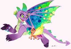 Size: 2048x1407 | Tagged: safe, artist:allisonpopick, derpibooru import, spike, sunny starscout, alicorn, dragon, pony, g5, my little pony: a new generation, artificial horn, artificial wings, augmented, duo, horn, image, jpeg, magic, magic horn, magic wings, older, older spike, race swap, simple background, sunnycorn, white background, wings