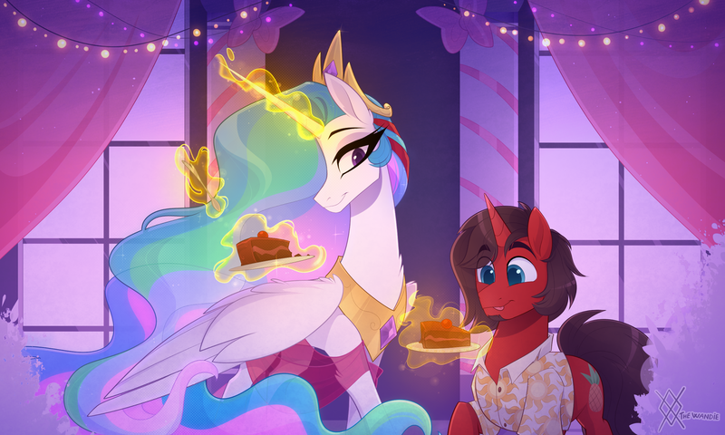 Size: 2500x1500 | Tagged: safe, artist:thewandie, derpibooru import, princess celestia, oc, oc:ironyoshi, alicorn, unicorn, cake, clothes, commission, curtains, food, image, levitation, lights, magic, png, shirt, telekinesis, window, ych result