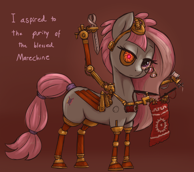 Size: 2385x2110 | Tagged: safe, artist:t72b, derpibooru import, kerfuffle, cyborg, pegasus, pony, adeptus mechanicus, amputee, crochet, crossover, female, image, looking at you, mare, missing accessory, png, prosthetic limb, prosthetics, quadruple amputee, robotic arm, solo, warhammer (game), warhammer 40k