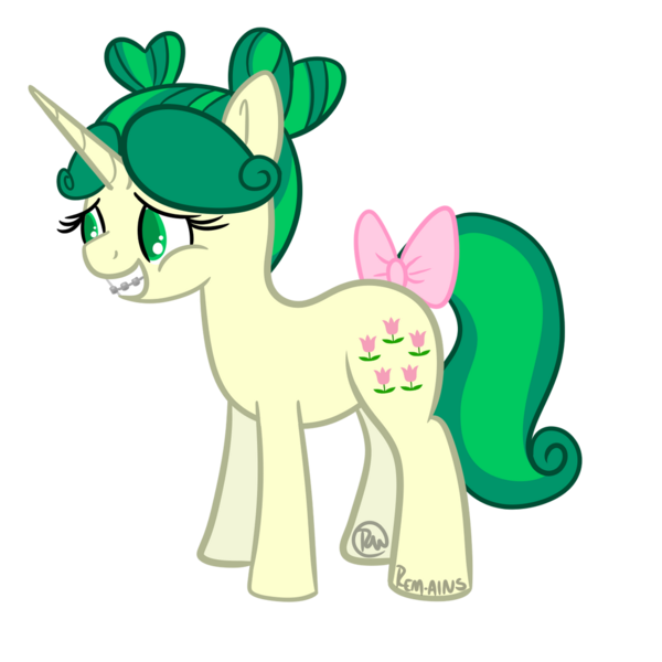 Size: 1024x1024 | Tagged: safe, artist:rem-ains, derpibooru import, oc, oc:felicity mossrock, unofficial characters only, pony, unicorn, bow, braces, colored pupils, grin, heart buns, image, nervous, nervous grin, png, simple background, smiling, solo, tail, tail bow, teenager, transparent background, younger