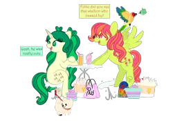 Size: 3000x2100 | Tagged: safe, artist:rem-ains, derpibooru import, oc, oc:dandy, oc:felicity mossrock, oc:tulipa, unofficial characters only, bird, dog, hummingbird, insect, ladybug, pegasus, pomeranian, pony, unicorn, alternate hairstyle, anatomically incorrect, art trade, bag, bipedal, bipedal leaning, collar, dialogue, drink, drinking straw, female, freckles, heart, heart eyes, image, incorrect leg anatomy, leaning, leash, mare, motion lines, open mouth, open smile, png, present, shopping bag, simple background, sitting, smiling, stool, sun conure, table, transparent background, wingding eyes