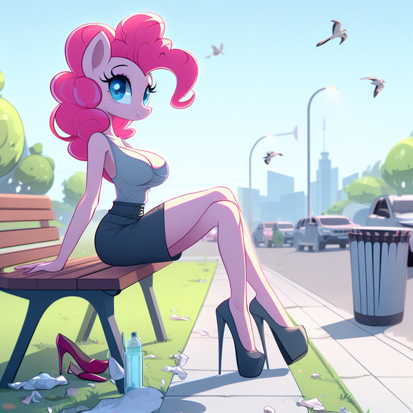 Size: 1024x1024 | Tagged: safe, ai content, derpibooru import, machine learning generated, pinkie pie, anthro, plantigrade anthro, adorasexy, bench, big breasts, birds doing bird things, breasts, busty pinkie pie, cleavage, clothes, curvy, cute, female, g4, high heels, hourglass figure, image, looking at you, park, park bench, png, prompter:horselover fat, sexy, shoes, sitting, solo, street, tanktop, trash can, water bottle