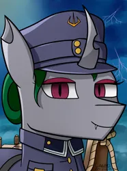 Size: 1248x1680 | Tagged: safe, artist:carolus rex, derpibooru import, oc, unofficial characters only, changeling, equestria at war mod, bust, clothes, equestria rises still (equestria at war submod), fangs, female, green mane, hat, image, military uniform, ocean, png, portrait, solo, storm, uniform, uniform hat, water